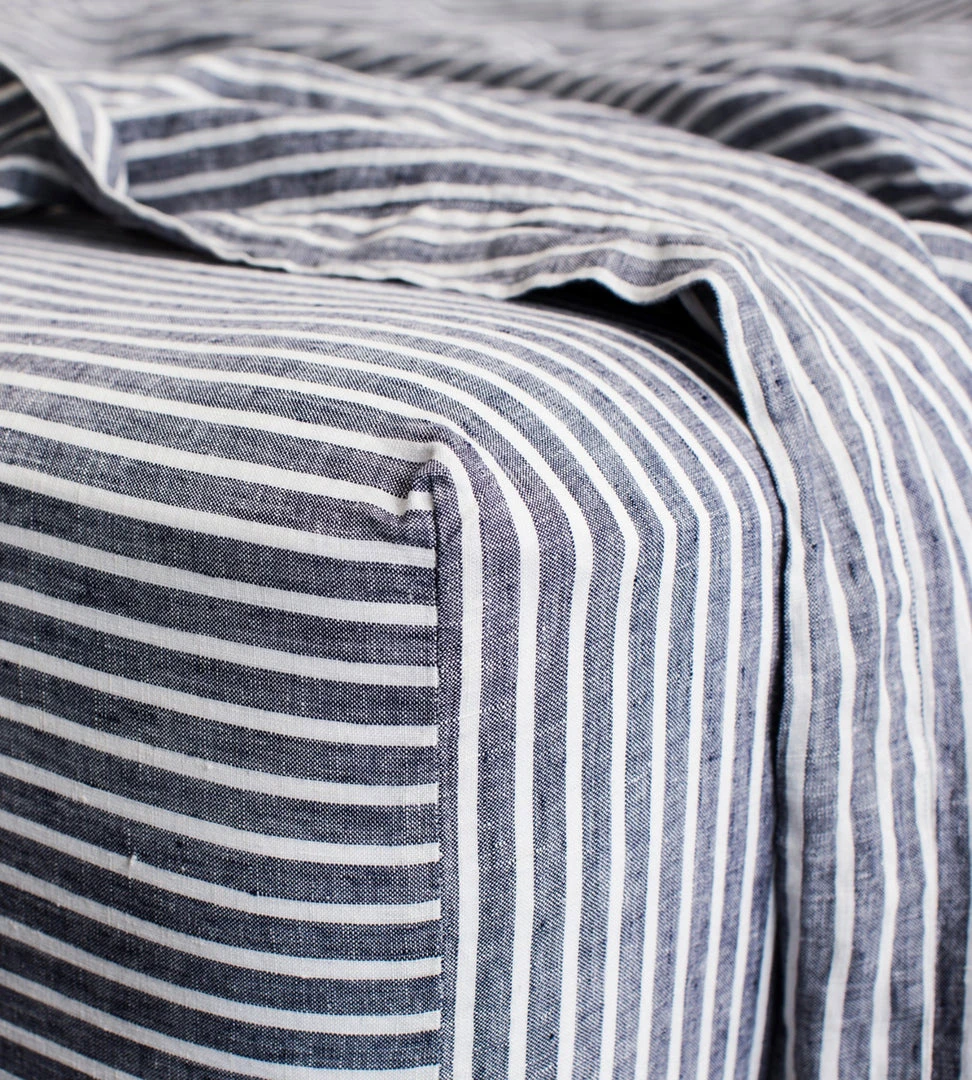 Homewares Cultiver | Linen Fitted Sheet | Indigo Stripe