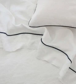 Cultiver | Linen Flat Sheet | White / Navy Piped Homewares