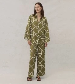 Des Sen | Sen Silk Lounge Set Shirt | Khaki Print
