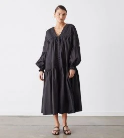 Coming Soon + Preorder Joslin | Marlo Organic Cotton Midi Smock Dress | Black