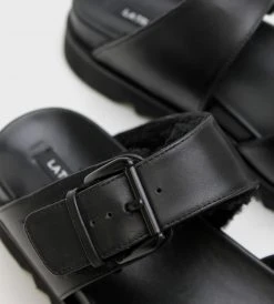 Fashion + Beauty La Tribe | Shearling Buckle Slide | Black